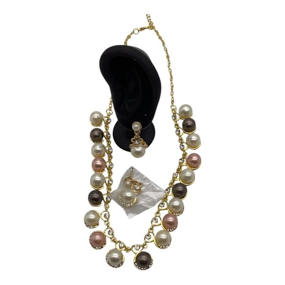 Costume Jewelry Necklace & Drop Earrings Set With Multicolor Faux Pearl Accents - Picture 10 of 14